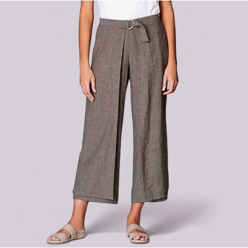 J. Jill Dark Oatmeal Linen Wide Leg Faux Wrap Cropped Pants Size L NWT
